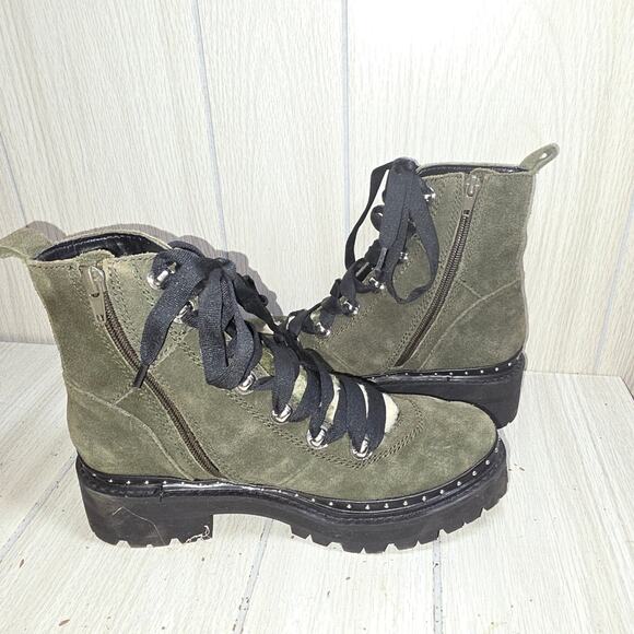 Steve Madden Rainier Green Suede Boots Leather Chunky Combat Studded Camo Fall - Picture 3 of 10